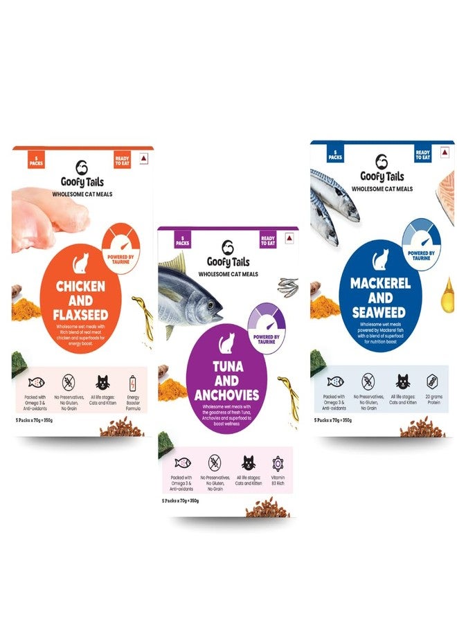 Goofy Tails Wet Cat Food and Kitten Food 3 Combo, 1050g (15 Pouches x 70g), Tuna and Anchovies, Mackerel and Seaweed, Chicken and Flaxseeds, Preservative Free, Wholesome, Natural Cat Wet Food - Image 1